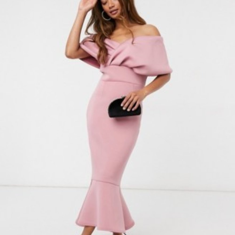 True Violet folded off shoulder peplum midi dress